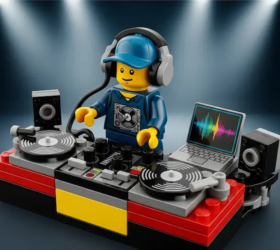 Figura de juguete de un DJ con gorra y auriculares, mezclando música en una cabina con tocadiscos, una mesa de mezclas y un ordenador portátil.