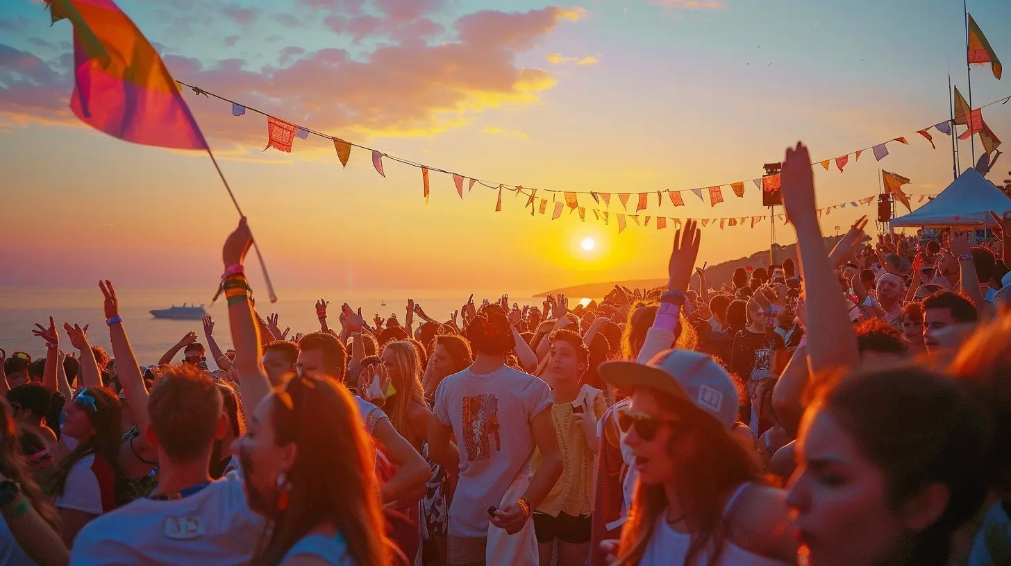 Fiesta en la playa al atardecer con música House y público entusiasta
